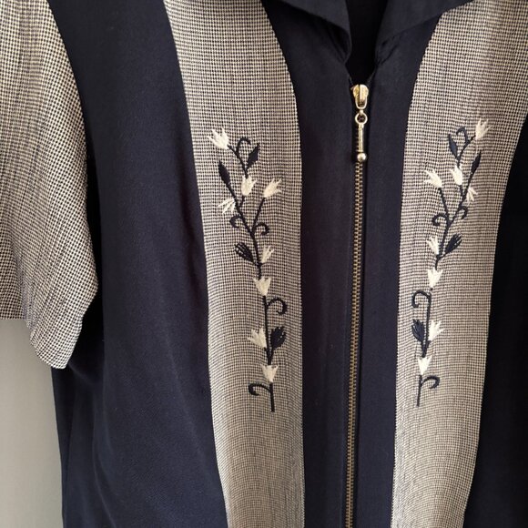 Vtg Navy + Houndstooth Zip-Up Blouse - Picture 6 of 7